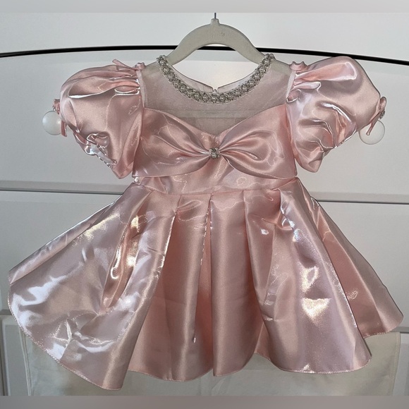 Toddler Baby Girl Satin Party Dress Pink Pearl Collar Bow Formal 1218  Months
